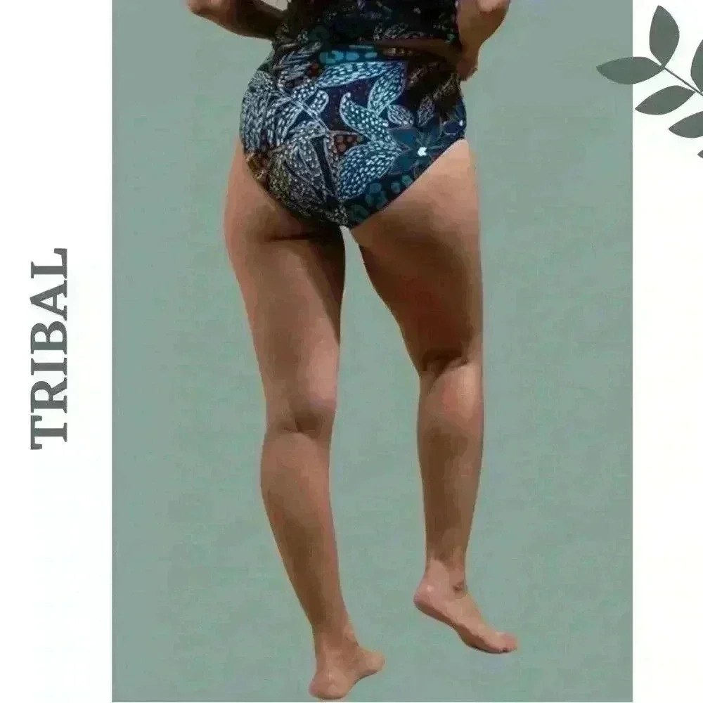 Tribal Reversible High-Waist Bikini Bottoms UPF 50 Atlantic Black Blue Green